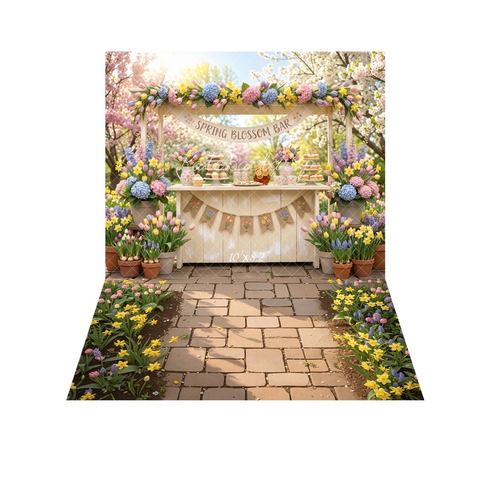 Kate Spring Blossom Bar Floral Stand Garden Backdrop+Spring Cobblestone Path Garden Flowers Floor Backdrop