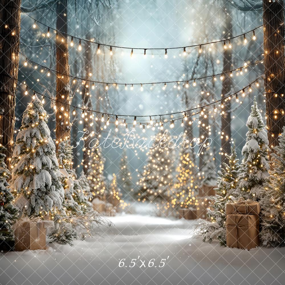 Kate Christmas Snowy Forest String Lights Trees Backdrop Designed by Emetselch