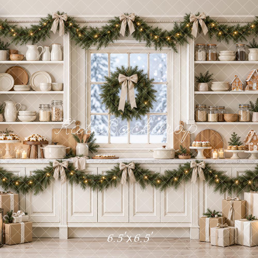 Kate Christmas Kitchen Garland Wreath Gingerbread Baking White Printed Backdrop Designed by Emetselch