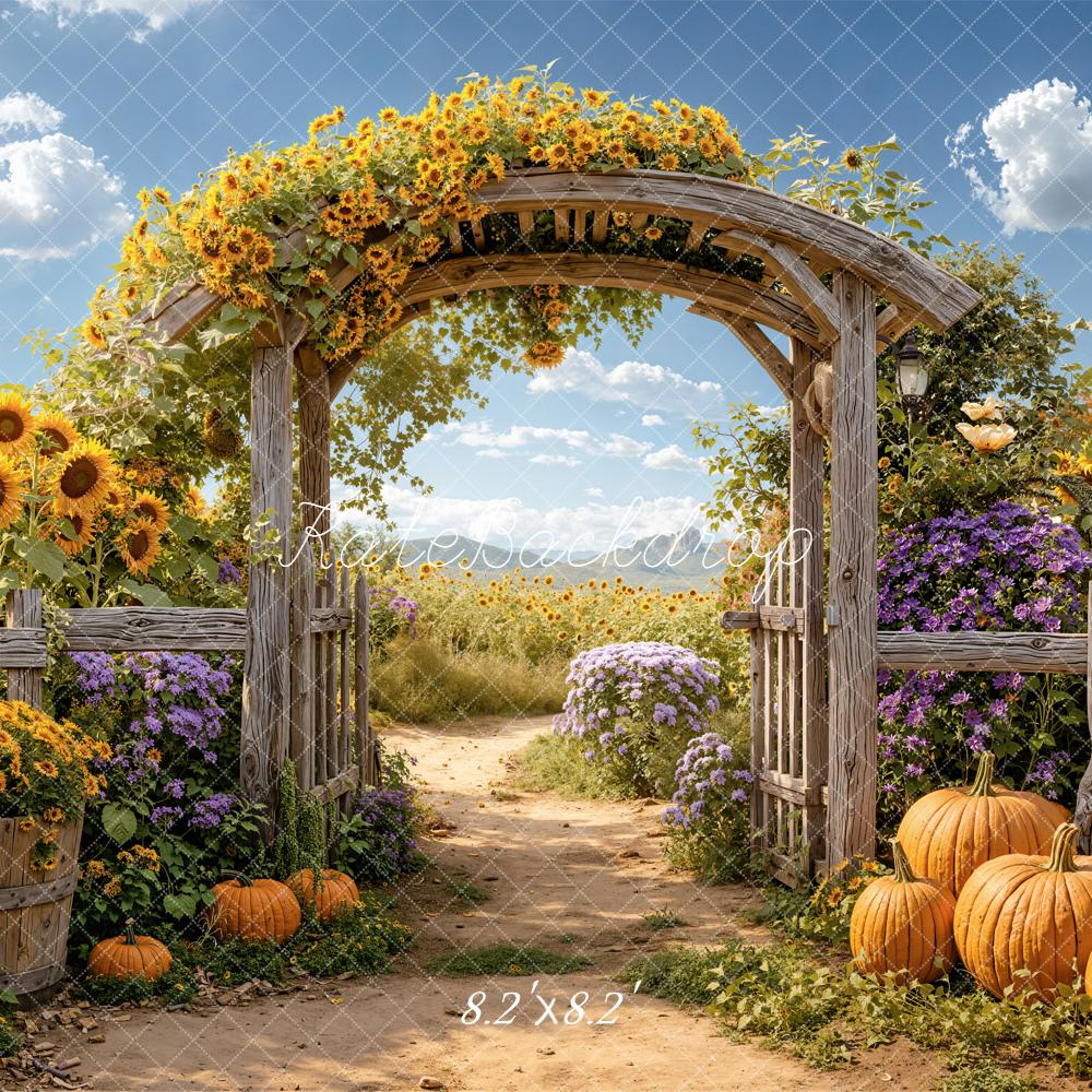 Kate Fall Flower Arch Sunflowers Field Pumpkins Rustic Backdrop Designed by Emetselch