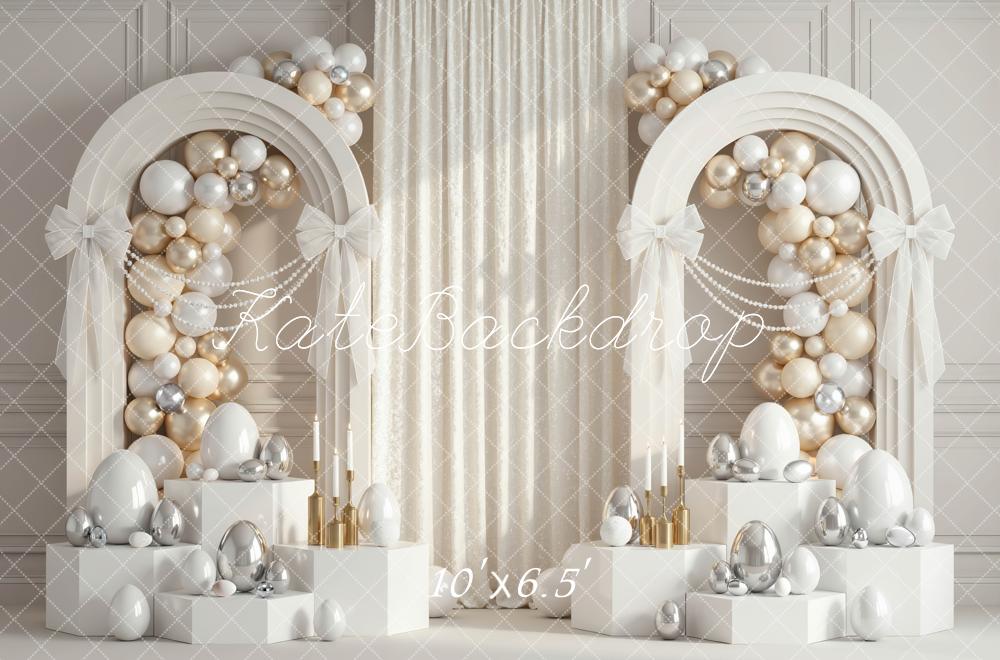 Kate Easter Balloon Arch White Silver Gold Eggs Printed Backdrop Designed by Mini MakeBelieve