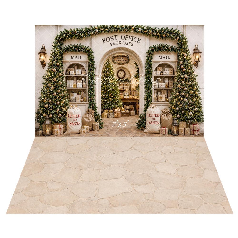 Kate Christmas Post Office Packages Christmas Trees Letters for Santa Printed Backdrop+Beige Cobblestone Floor Printed Backdrop