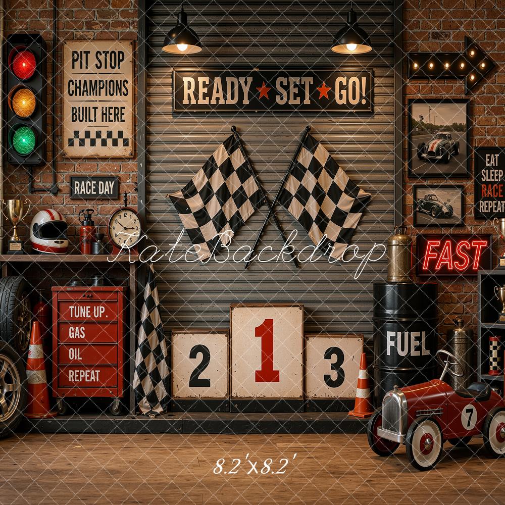 Kate Vintage Racing Garage Vintage Pedal Car Checkered Flags Printed Backdrop Designed by Shutter Swan Studios
