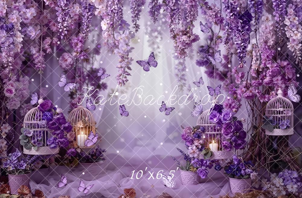 Kate Spring Purple Flower Arch Butterflies Birdcages Printed Backdrop Designed by Emetselch