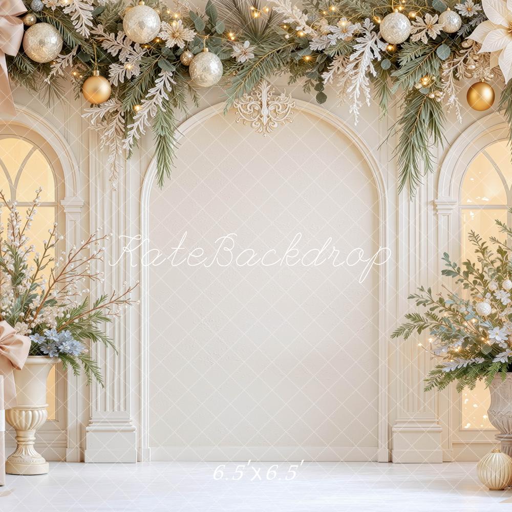 Kate Christmas White Gold Arch Poinsettias Garland Gifts Printed Backdrop Designed by Mini MakeBelieve