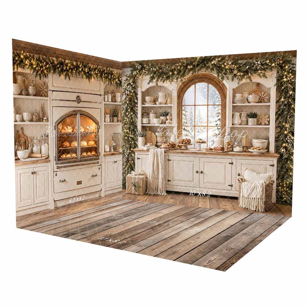 Kate Christmas Kitchen Cabinet Baking White Window Garland Blanket Printed Backdrop Room Set