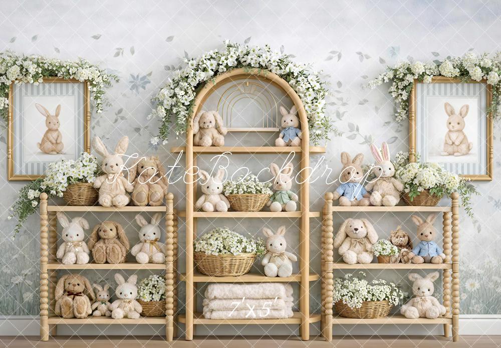Kate Easter Bunny Flower Arch Plush Shelves Printed Backdrop Designed by Mini MakeBelieve