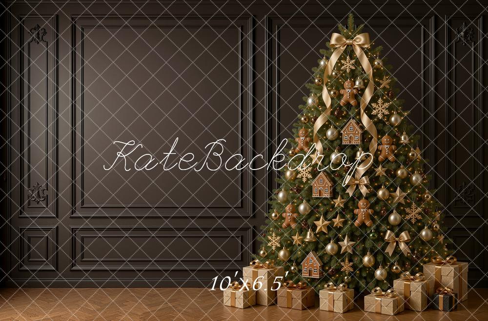 Kate Christmas Gingerbread Tree Gifts Black Paneled Wall Printed Backdrop Designed by Shutter Swan Studios