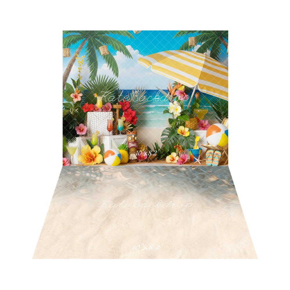 Kate Summer Beach Palm Trees Tropical Flowers Umbrella Backdrop+Summer Blue Sea Beach Wave Sand Floor Backdrop