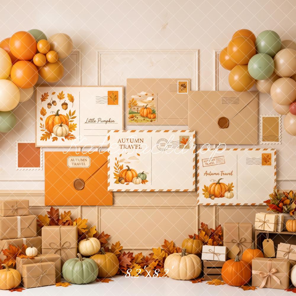 Kate Fall Birthday Postcard Gifts Balloon Pumpkins Printed Backdrop Designed by Patty Roberts
