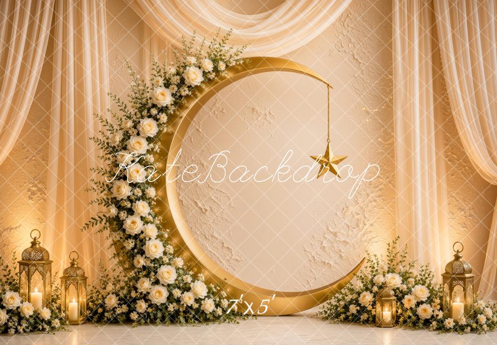Kate Ramadan Muslim Gold Crescent Floral Arch Drapes Lanterns Printed Backdrop Designed by Ashley Ward