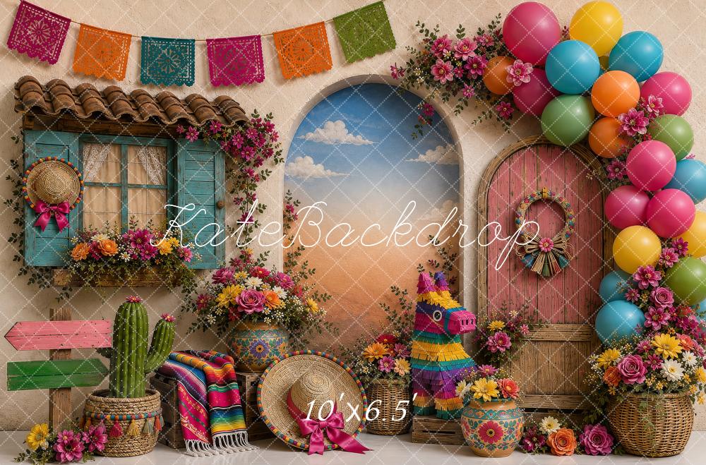 Kate Cake Smash Mexican Fiesta Piñata Balloons Papel Picado Printed Backdrop Designed by Shutter Swan Studios
