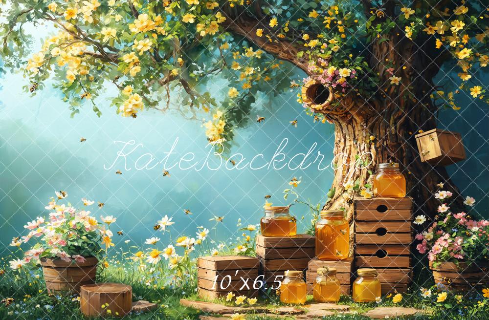 Kate Spring Floral Tree with Honey Jars Printed Backdrop for Kid Portraits Designed by Emetselch