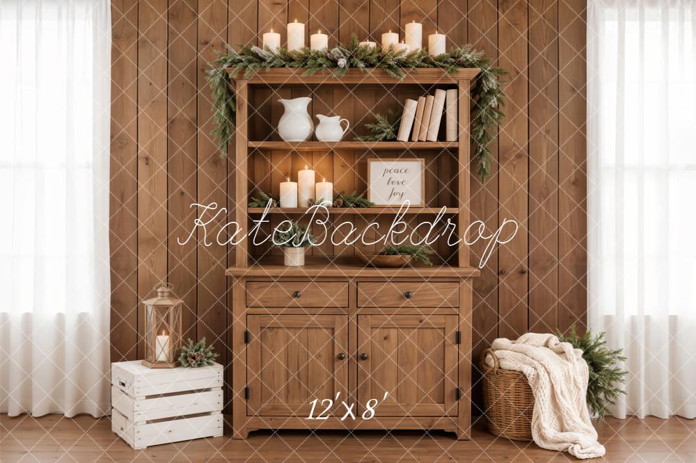 Kate Rustic Wooden Cabinet Candles Garland Crate Basket Printed Backdrop Designed by Emetselch