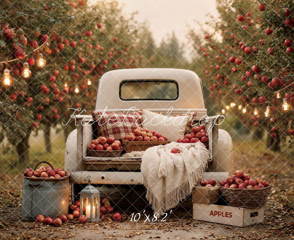 Kate Fall Apple Orchard Vintage White Truck Printed Backdrop Designed by Emetselch