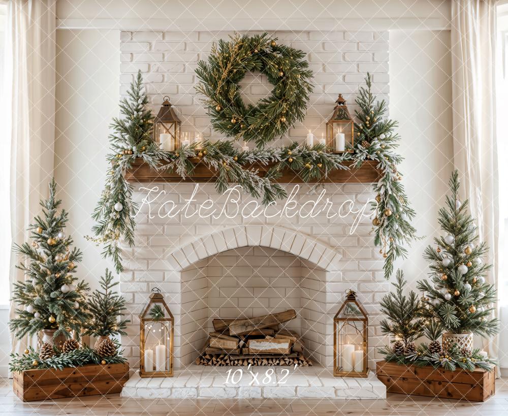 Kate Christmas Fireplace Wreath White Brick Wall Backdrop Designed by Emetselch