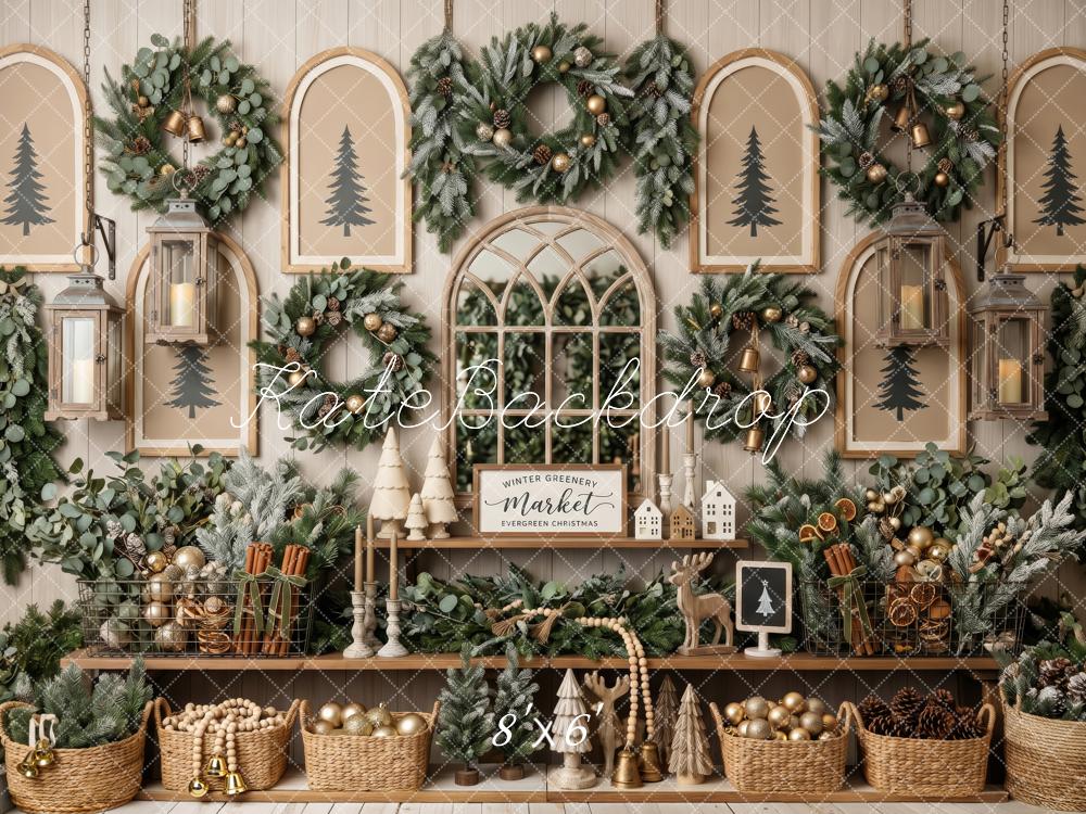 Kate Christmas Greenery Wreaths Lanterns Rustic Market Printed Backdrop Designed by Patty Roberts