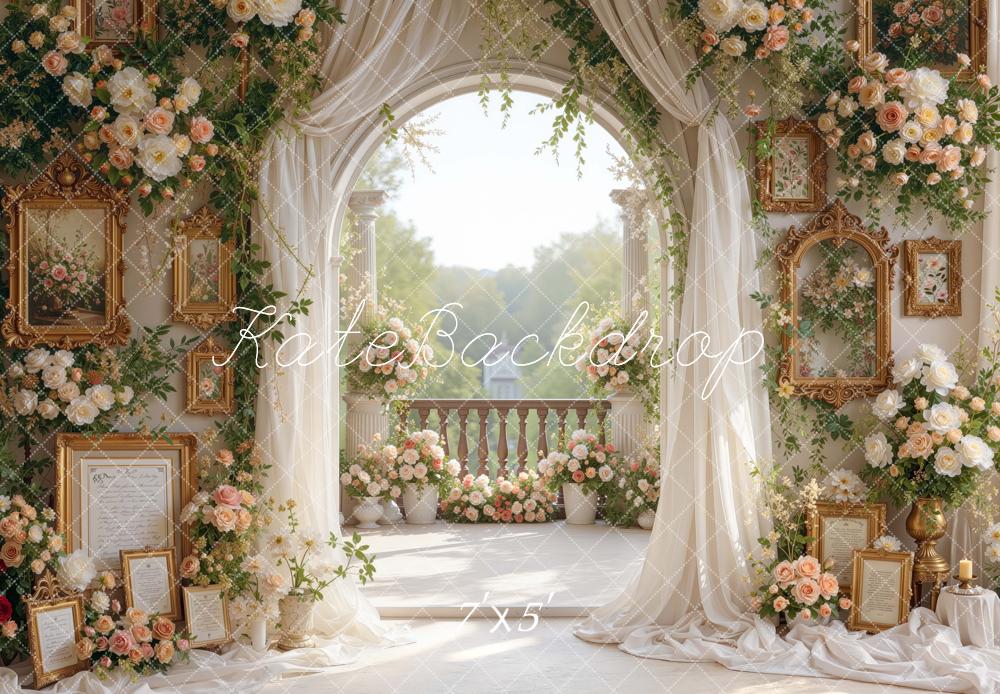 Kate Spring Elegant Drapes Flower Arch Ornate Terrace Printed Backdrop Designed by Mini MakeBelieve