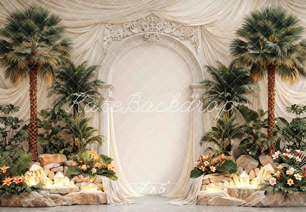 Kate Tropical Palm Trees Floral Rock Arch Printed Backdrop Designed by Mini MakeBelieve