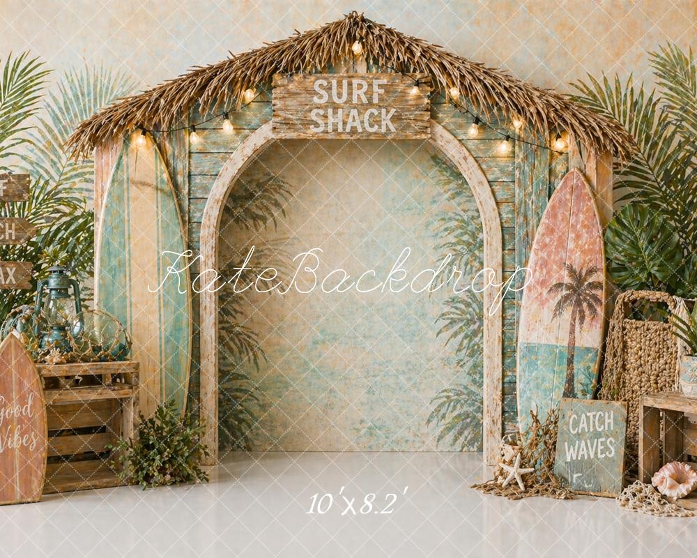 Kate Beach Surf Shack Hut Surfboards Palm Leaves Printed Backdrop Designed by Caitlin Lynch