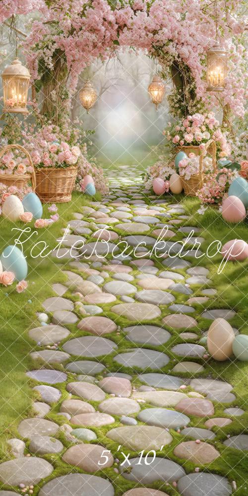 Kate Sweep Easter Flower Arch Pastel Easter Eggs Cobblestone Path Pink Blossoms Printed Backdrop Designed by Emetselch