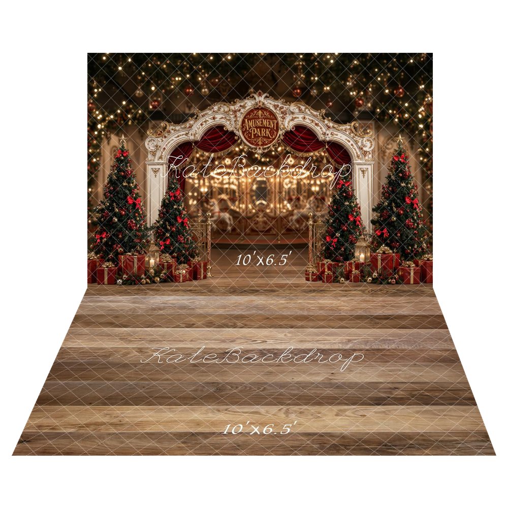 Kate Christmas Amusement Park Archway Christmas Trees Printed Backdrop+Brown Wood Plank Floor Printed Backdrop