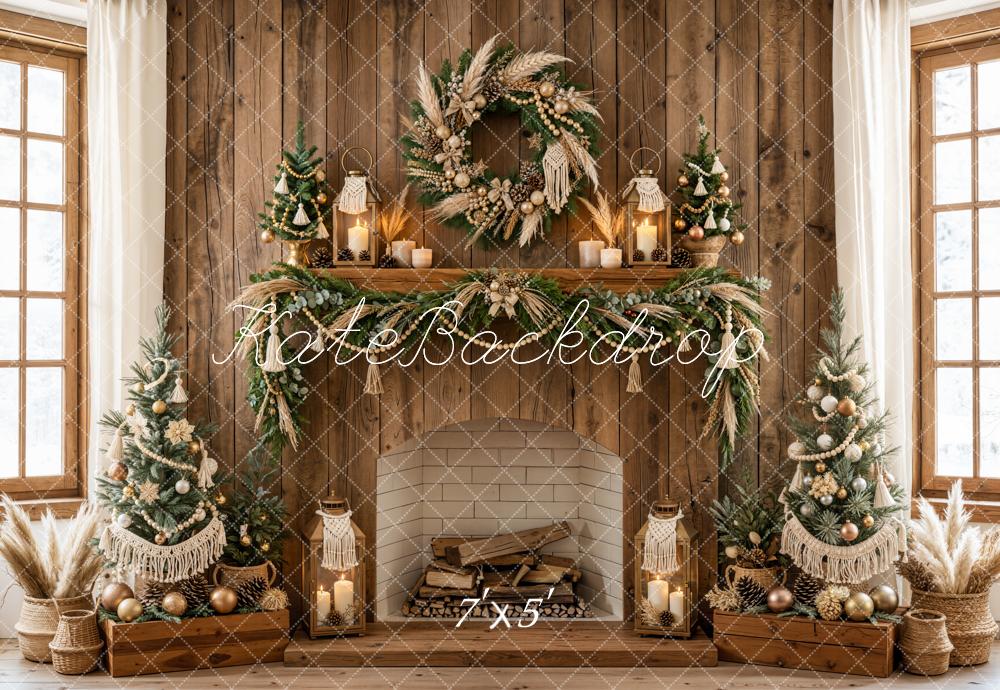 Kate Christmas Rustic Wood Fireplace Boho Wreath Garland Trees Printed Backdrop Designed by Emetselch