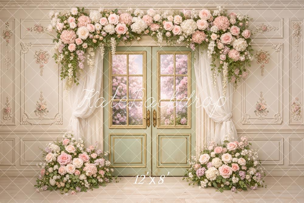 Kate Spring Flower Arch French Door Floral Wall Backdrop Designed by Chain Photography