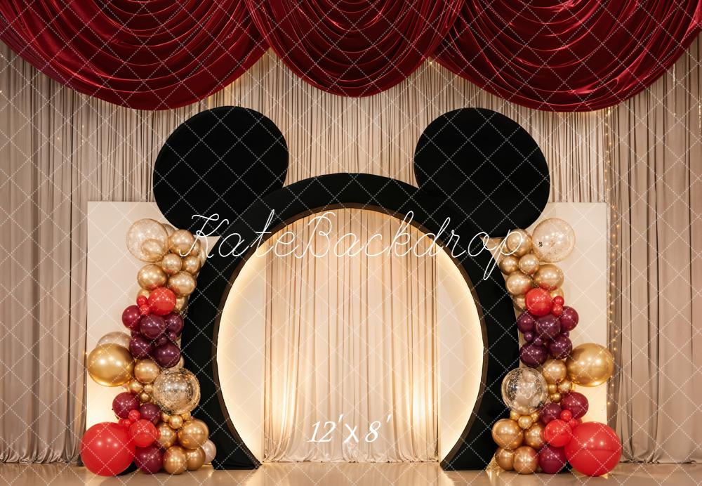 Kate Cake Smash Mouse Ears Balloon Arch Red Gold Drapes Backdrop Designed by Chain Photography