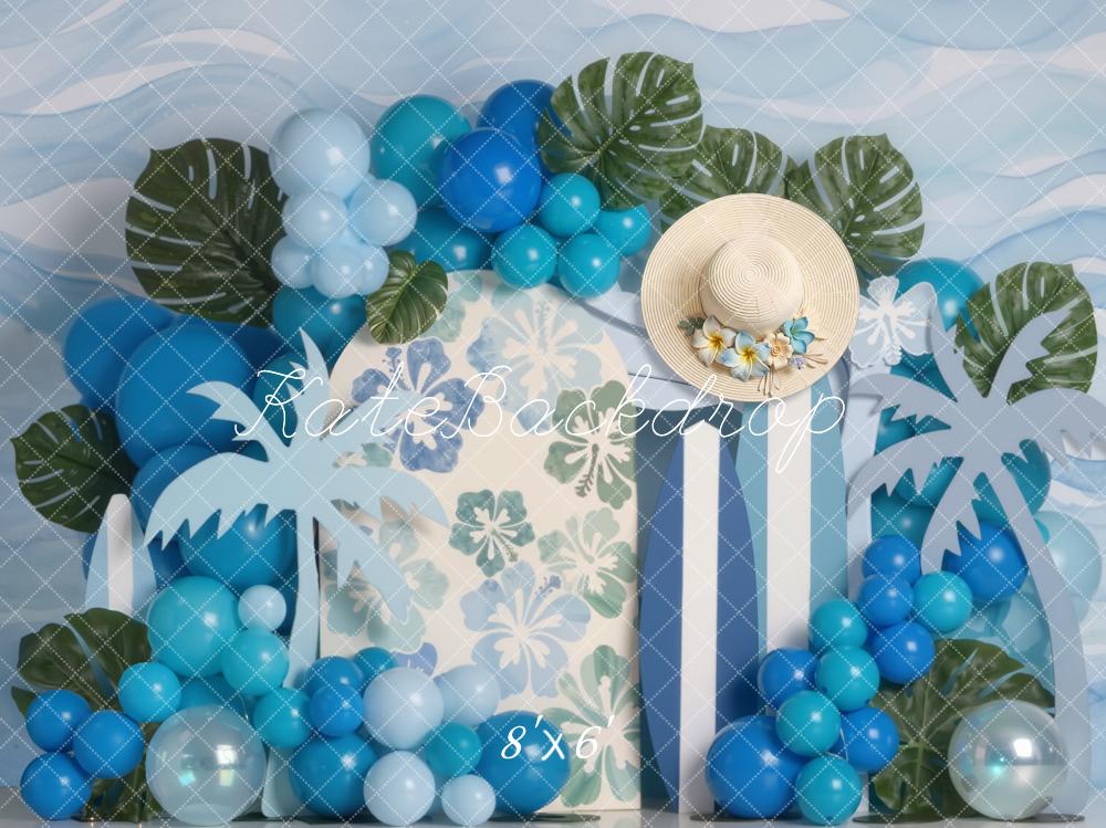 Kate Summer Palm Leaves Blue Balloons Straw Hat Printed Backdrop Designed by Emetselch