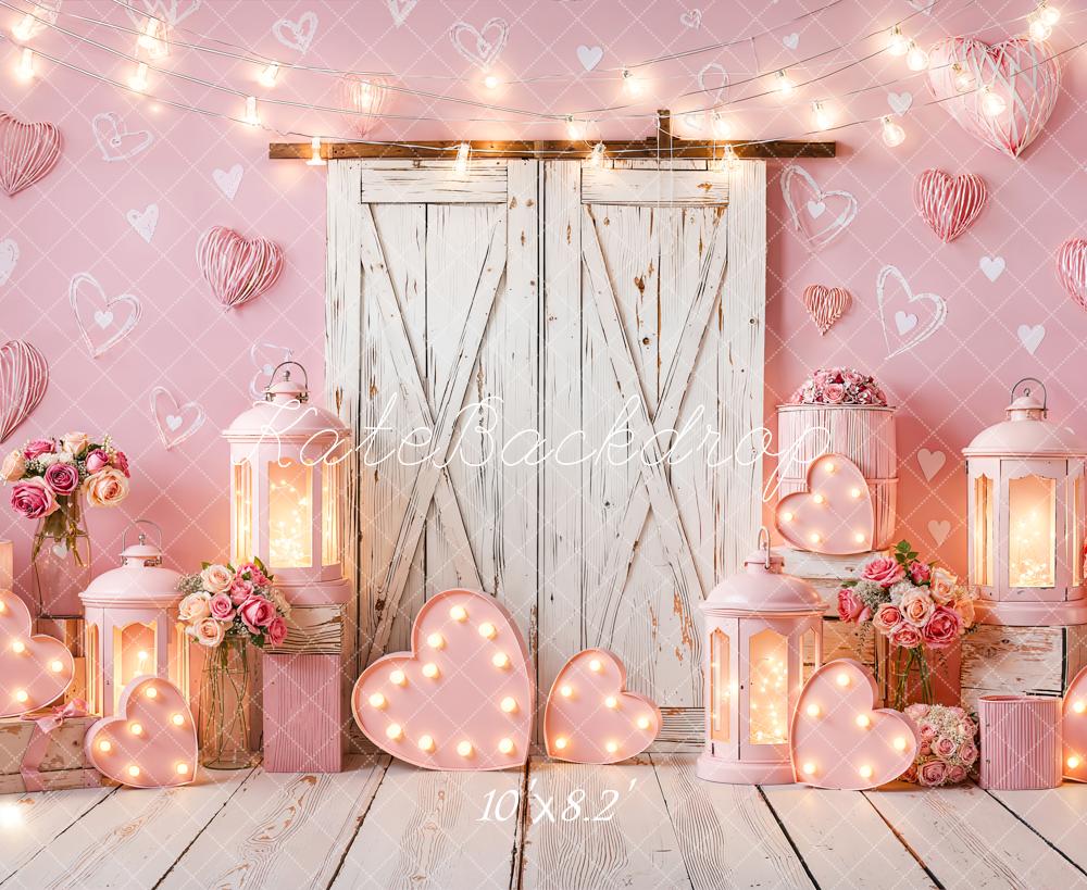 Kate Valentine's Day Pink Hearts Lanterns Roses Backdrop Designed by Emetselch