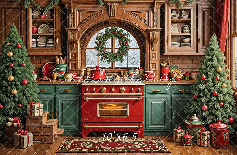Kate Christmas Kitchen Cabinets Red Oven Wreath Trees Backdrop Designed by Emetselch