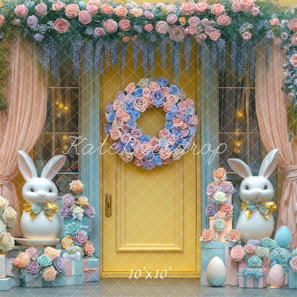 Fondo de puerta amarilla de conejo de Pascua floral diseñado por Mini MakeBelieve