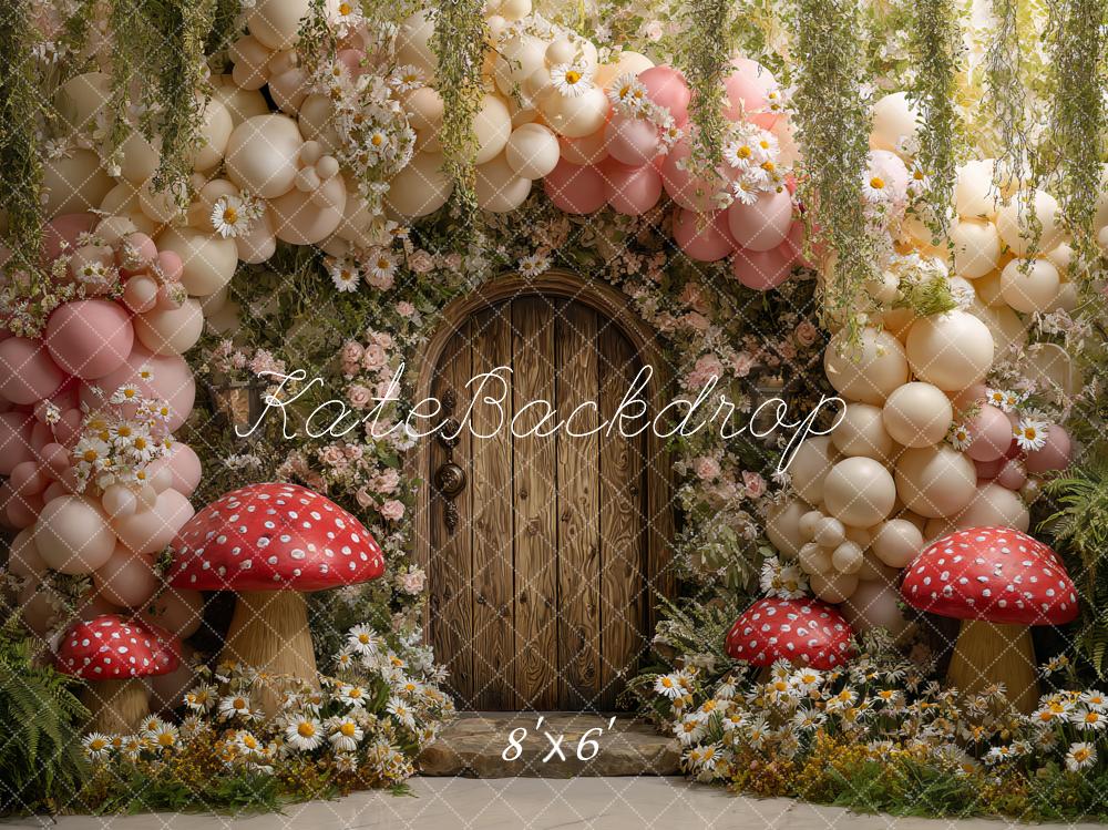 Kate Fairy Spring Balloon Arch Wooden Door Mushrooms Flowers Backdrop Designed by Ashley Paul
