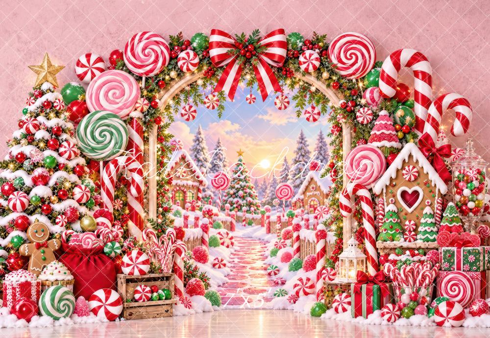 Kate Christmas Candyland Gingerbread Arch Snow Kids Printed Backdrop Designed by Laura Bybee