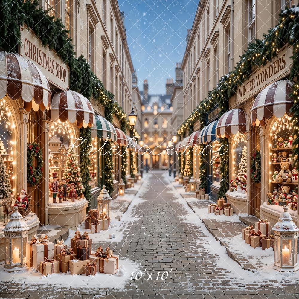 Kate Christmas Shop Snowy Street Gifts Printed Backdrop Designed by Emetselch