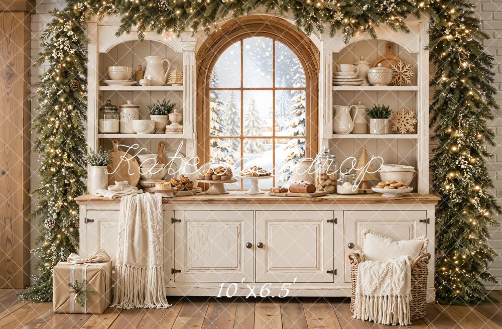 Kate Christmas Kitchen Cabinet White Window Garland Blanket Printed Backdrop Designed by Emetselch