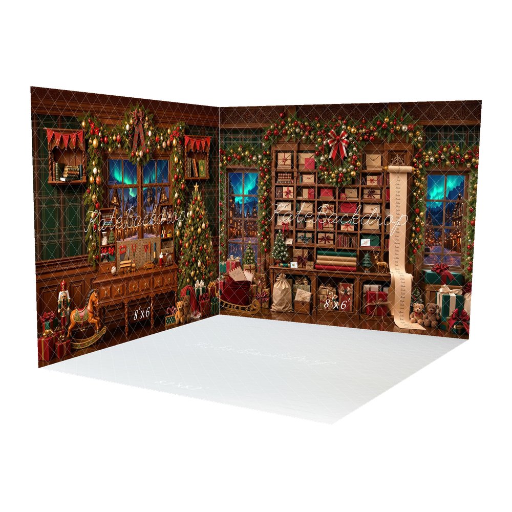 Kate Christmas Santa's Workshop Garland Gift List Shelf Printed Backdrop Room Set
