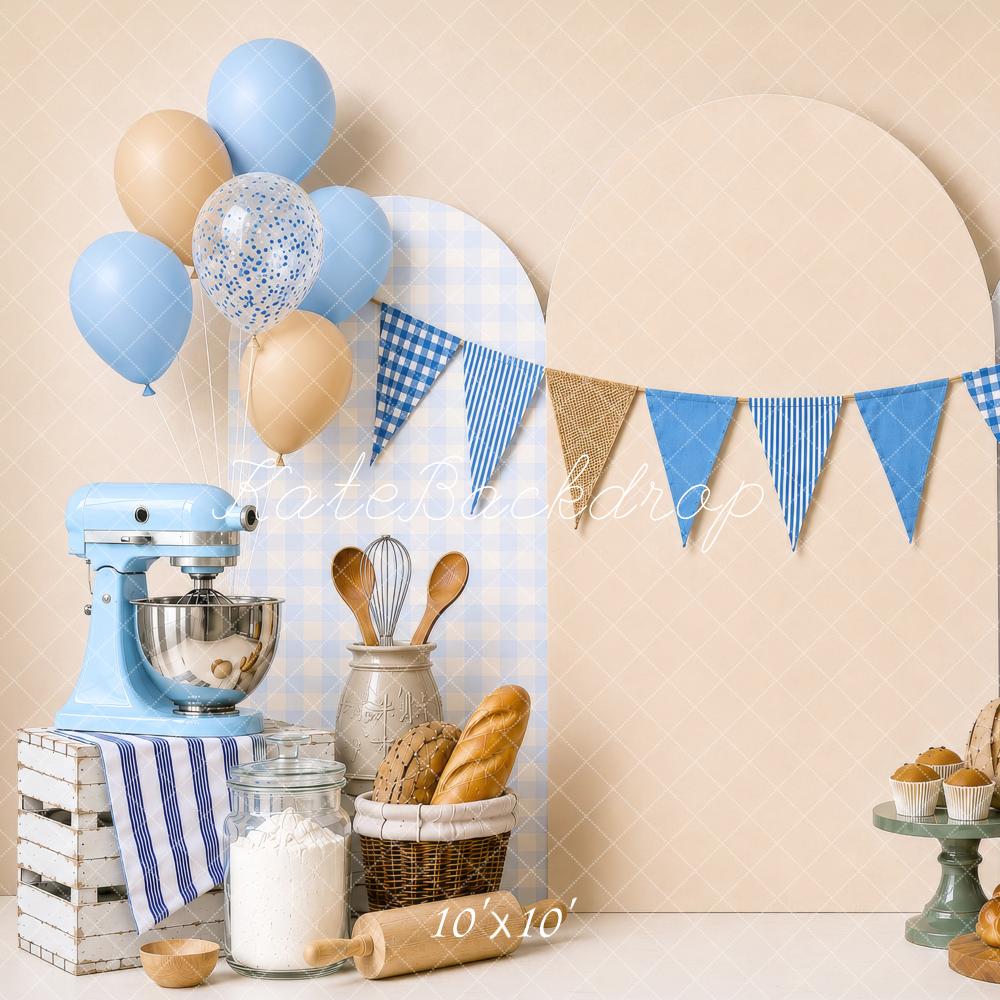 Kate Cake Smash Blue Bakery Bread Balloons Mixer Party Printed Backdrop Designed by Shutter Swan Studios