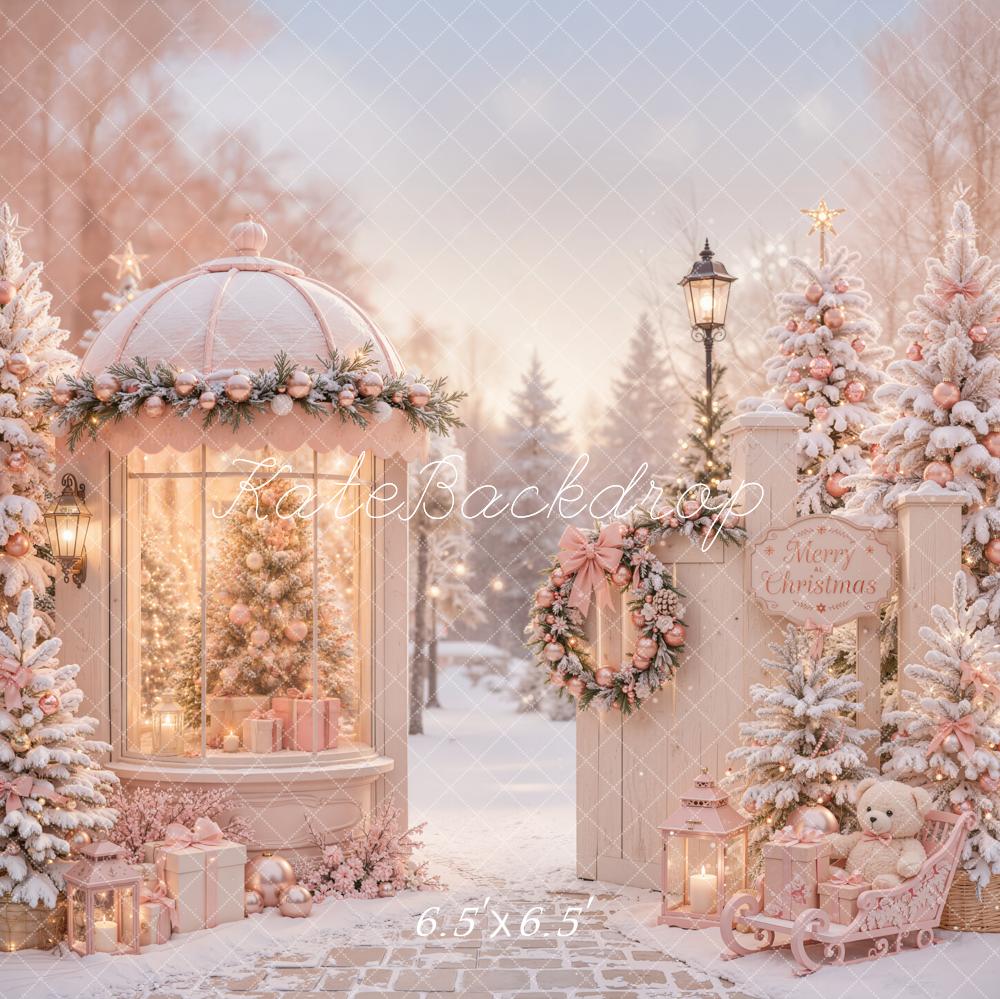 Kate Christmas Pink Gazebo Snowy Christmas Trees Gifts Sleigh Printed Backdrop Designed by Emetselch