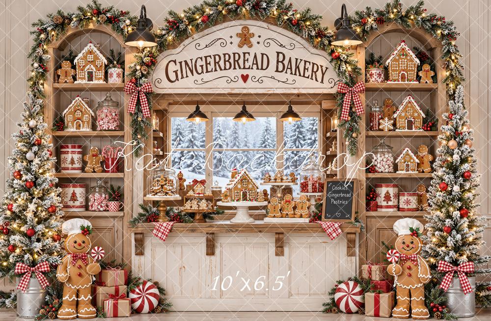Kate Christmas Gingerbread Bakery Shop Garland Window Printed Backdrop Designed by Emetselch