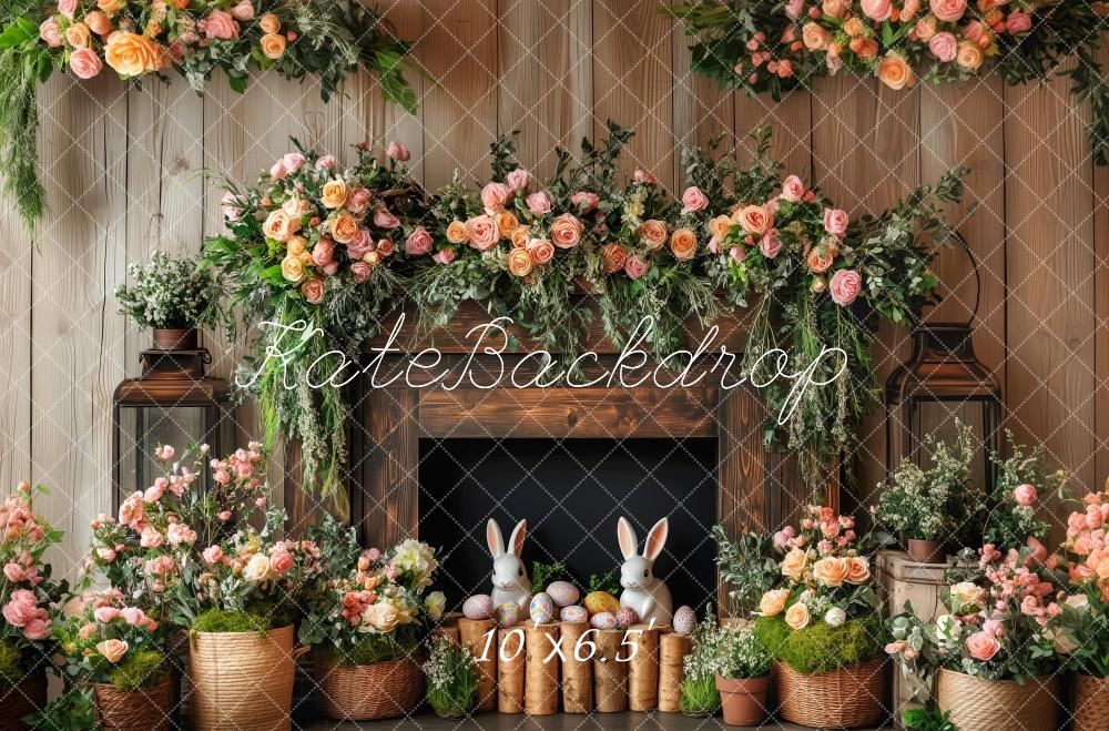 Fondo de madera de chimenea floral de conejito de pascua diseñado por Patty Roberts