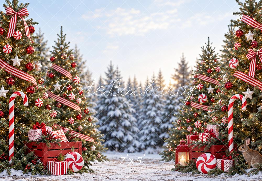 Kate Christmas Candy Cane Trees And Gifts Printed Backdrop Designed by Vertigo Productions