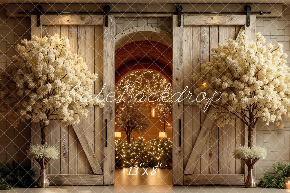 Kate Spring Flower Arch Wooden Doors Warm Lights Printed Backdrop Designed by Mini MakeBelieve