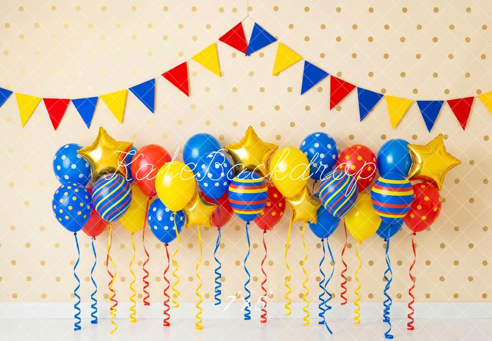Kate Birthday Colorful Balloons Gold Stars Polka Dot Wall Pennant Garland Printed Backdrop Designed by Patty Roberts