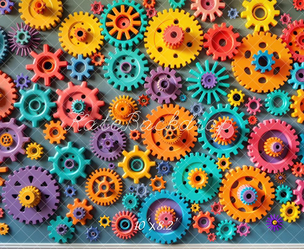 Kate Colorful Gears and Cogs Pattern Printed Backdrop Designed by Laura Bybee