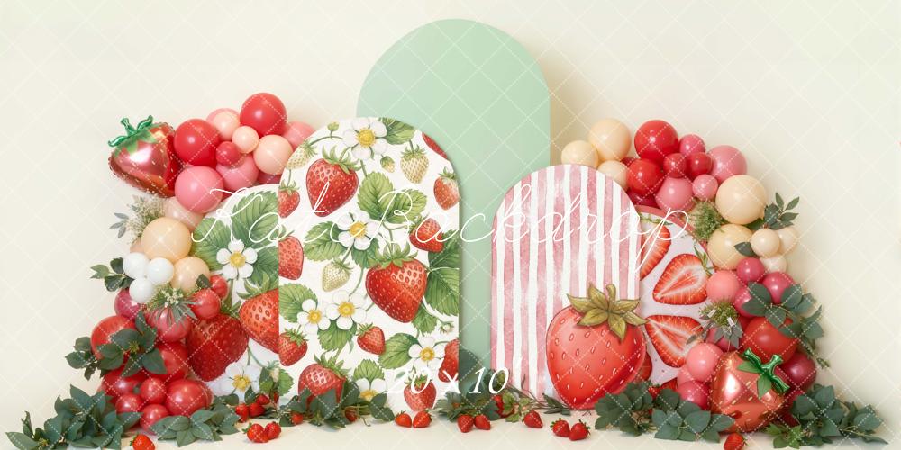 Kate Cake Smash Strawberry Balloon Arch Greenery Printed Backdrop Designed by Emetselch