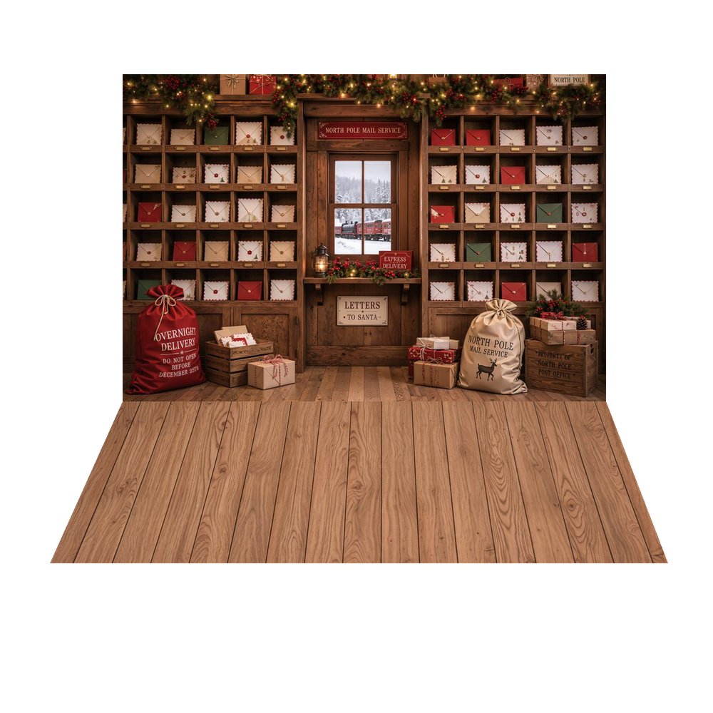 Kate Christmas North Pole Mail Room Letters Presents Shelves Garland Printed Backdrop+Brown Wood Plank Retro Wall Printed Backdrop