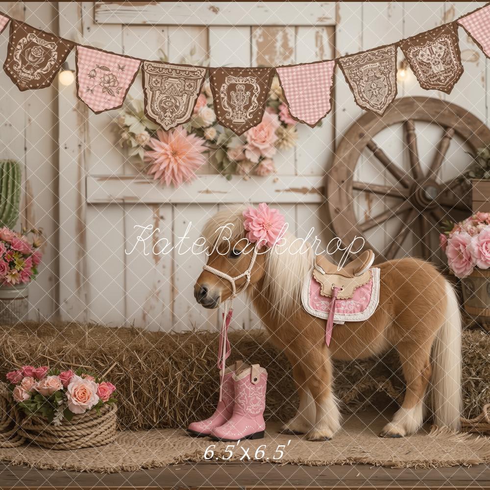Kate Western Pony Pink Flowers Cactus Wagon Wheel Hay Bales Printed Backdrop Designed by Emetselch