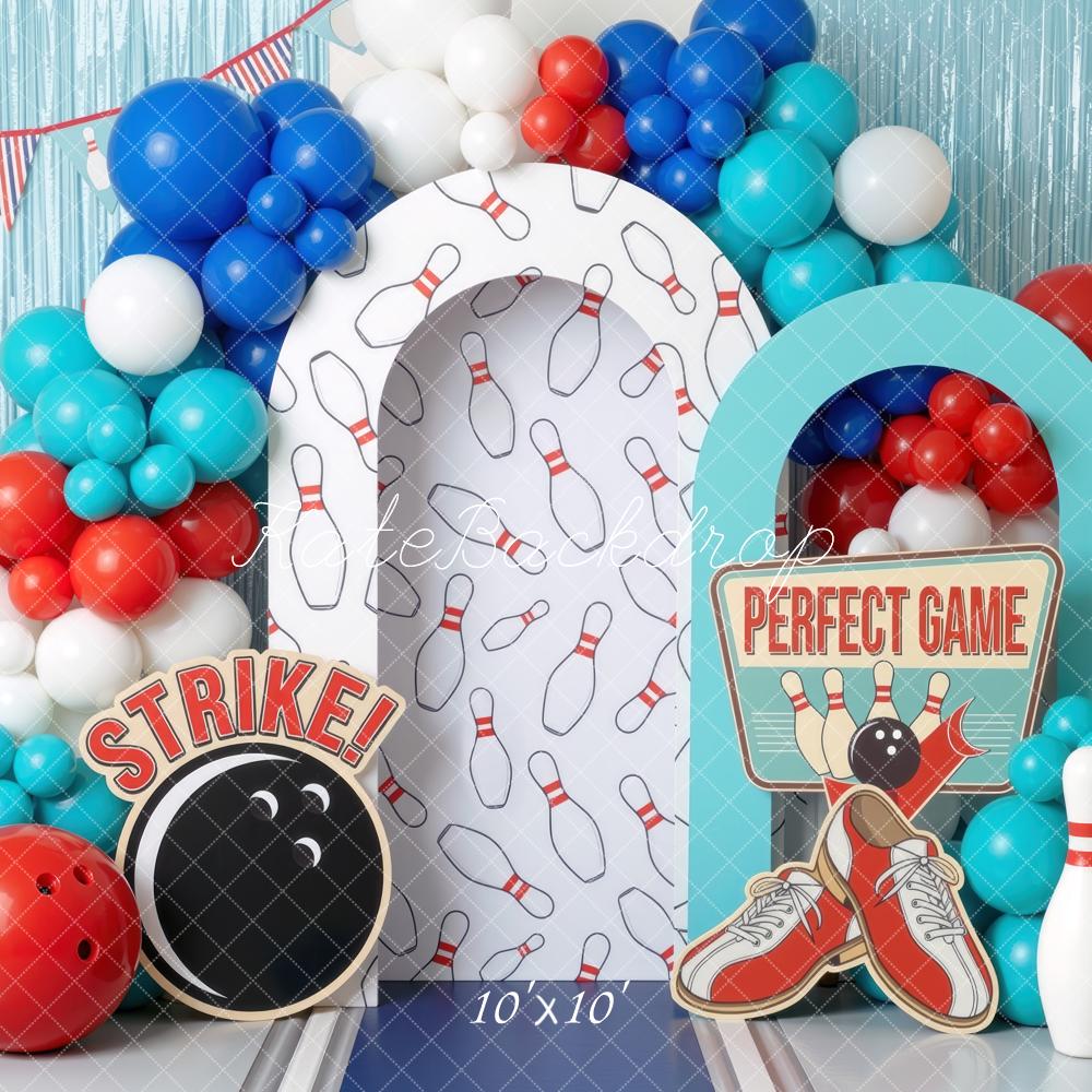 Kate Cake Smash Bowling Alley Pins Balloons Red Blue Printed Backdrop Designed by Mini MakeBelieve